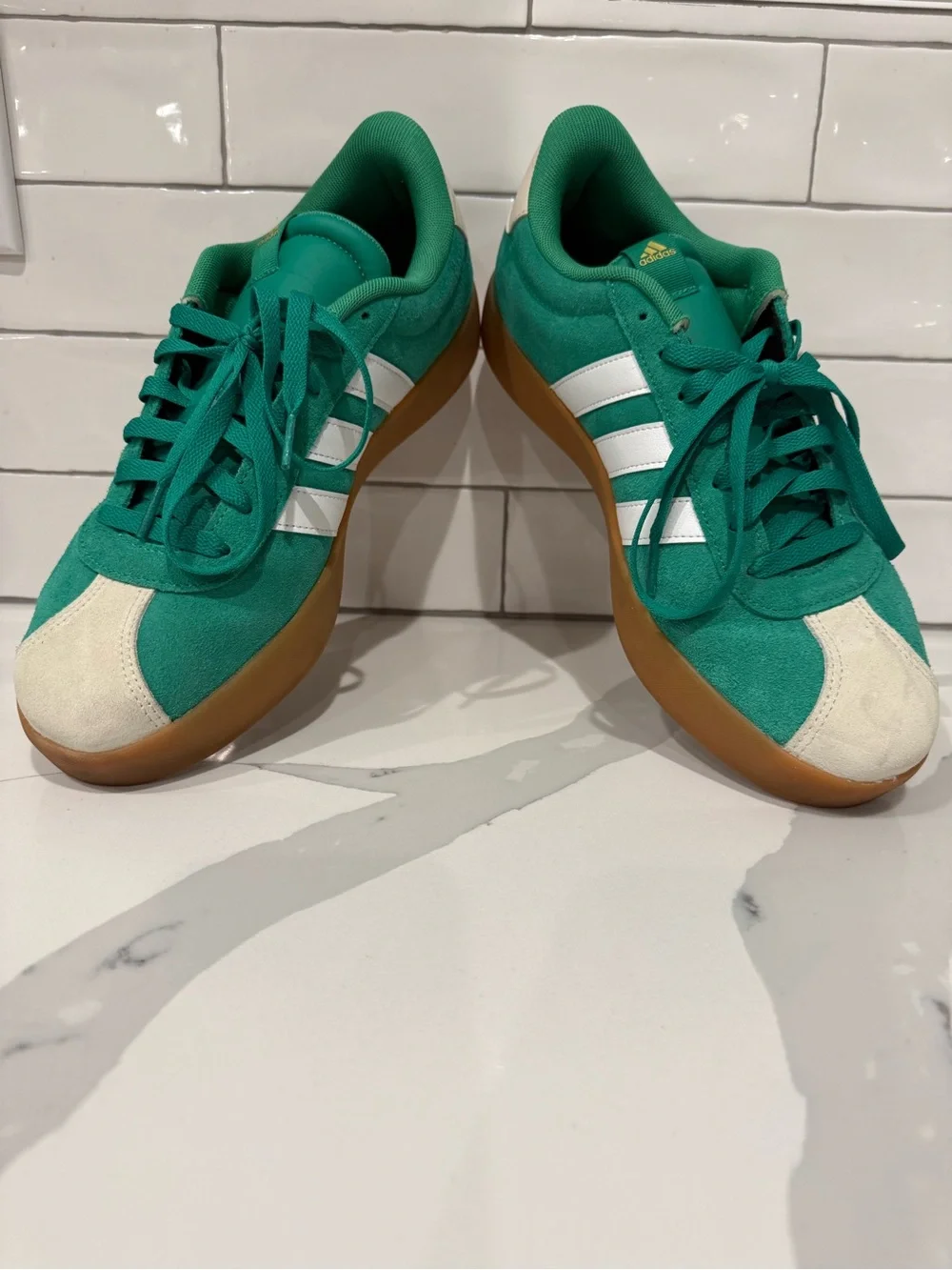 adidas Green Suede Low-Top Sneakers with White Stripes and Gum Sole